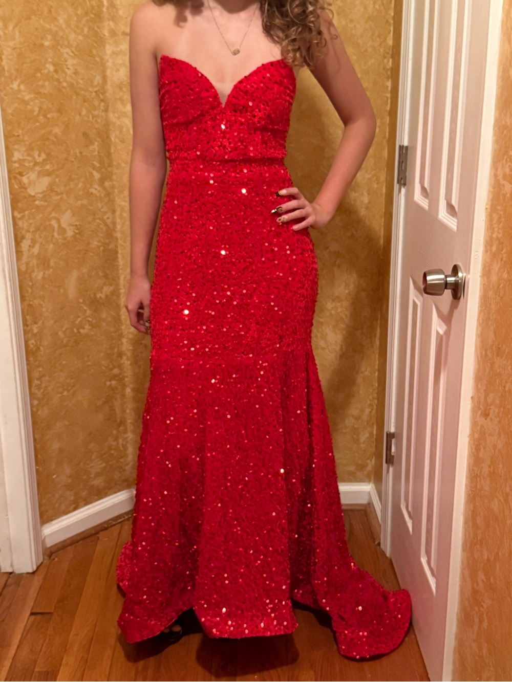 Strapless Red Sequin Evening Gown - Handmade